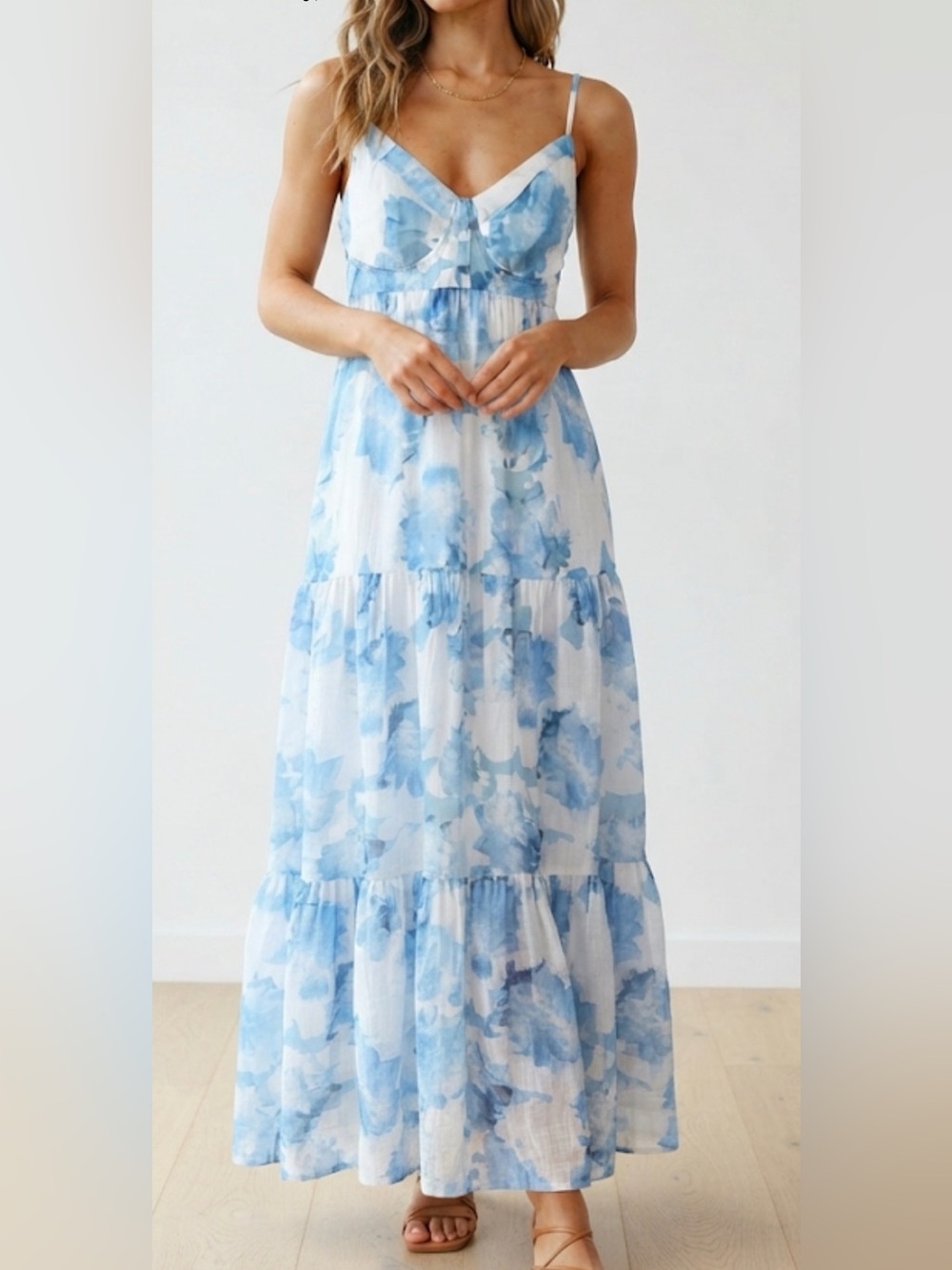 Soft Blue Watercolor Tiered Maxi Dress